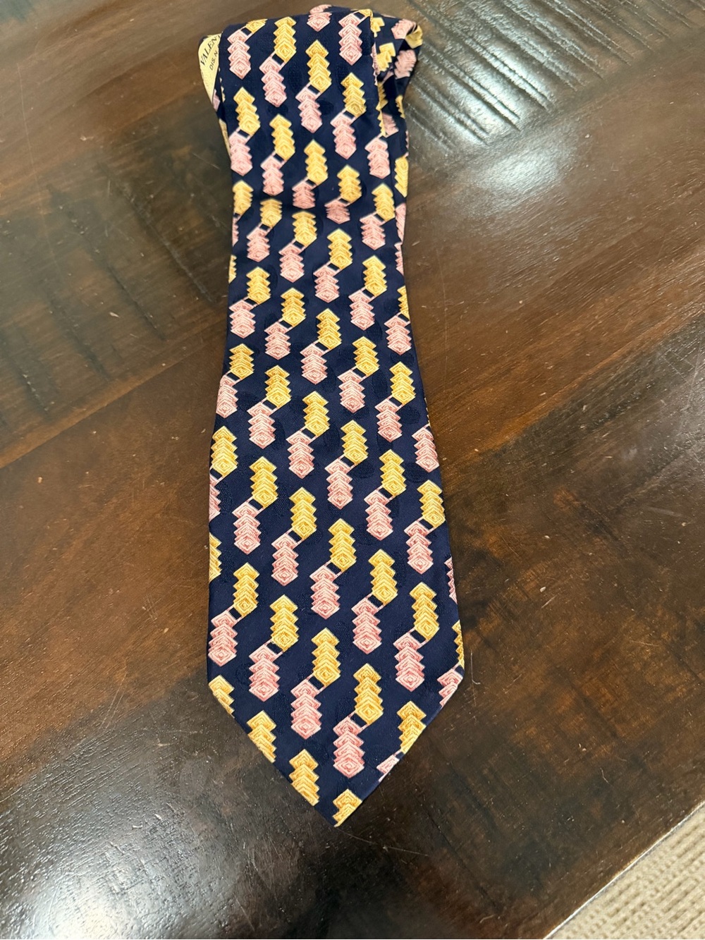 Valentino Silk from Italy Navy Tie with Yellow and Pink Chevron Motif